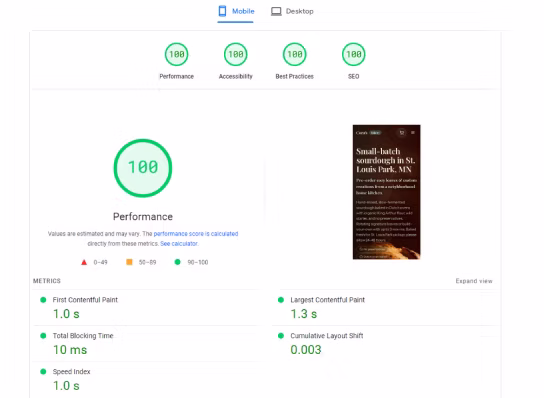 Sample performance report showing strong Lighthouse scores